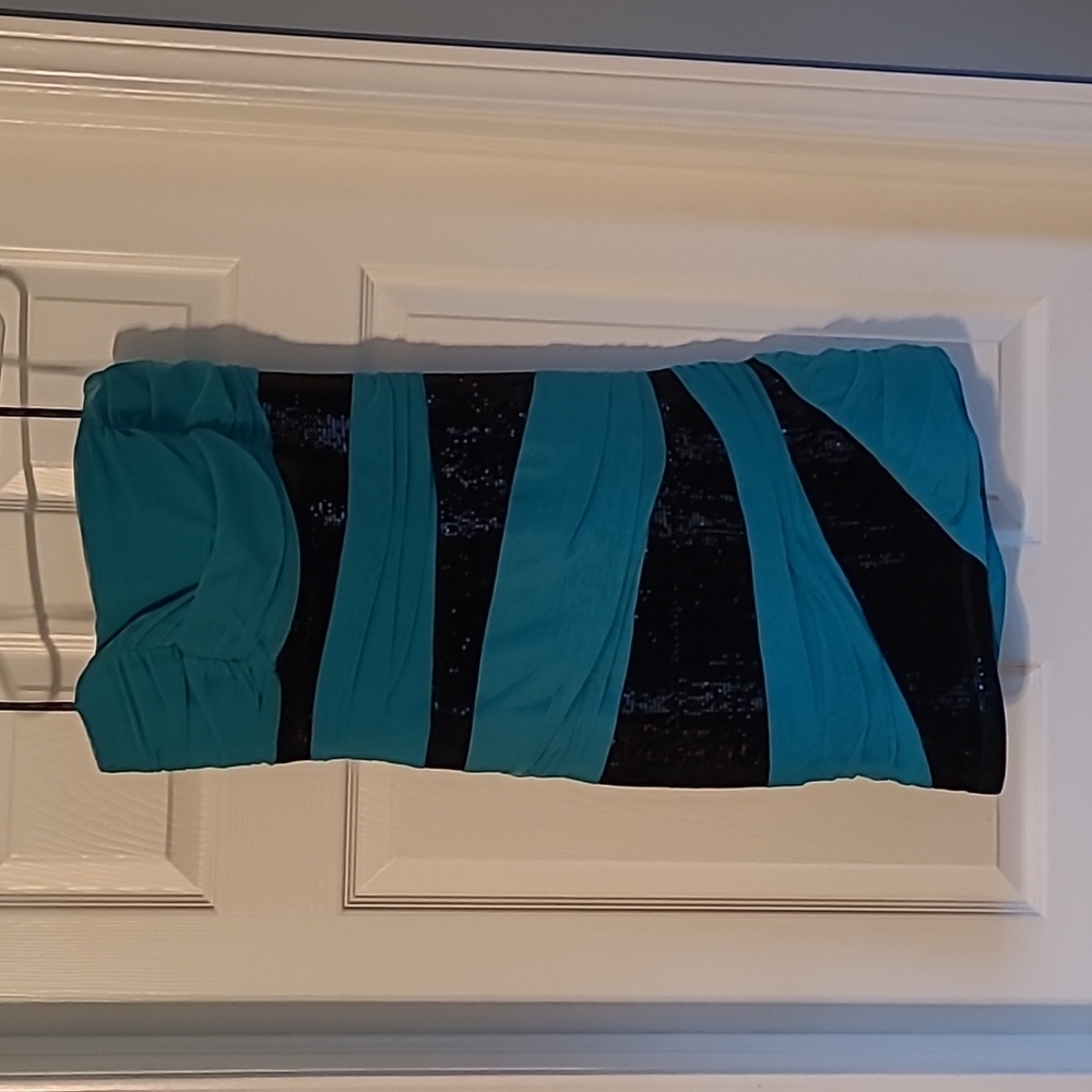 Holiday Black & Teal Strapless Dress Large